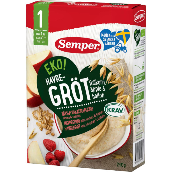 Semper Havregröt Fullkorn/Äpple/Hallon Eko 1år